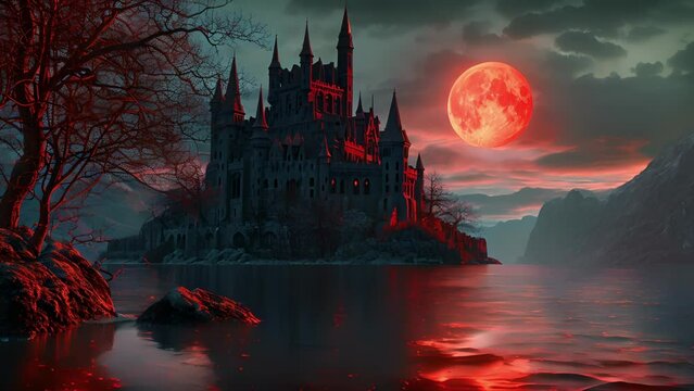 The moons crimson hue reflects off the stagnant moat below, giving the castle an unnerving crimson glow. Fantasy animatio
