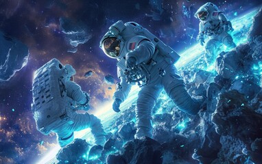 Astronauts are shown conducting a spacewalk against a backdrop of stunning cosmic nebulae, with one astronaut at the forefront handling equipment.