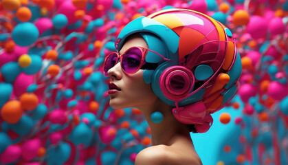 Futuristic style bright colorful woman in sunglasses. AI generated - obrazy, fototapety, plakaty