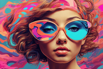 Futuristic style bright colorful woman in sunglasses. AI generated