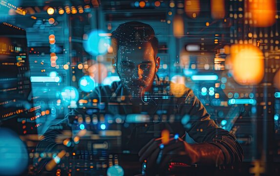 Futuristic Coding: A programmer immersed in coding within a virtual environment, symbolizing the innovation and complexity of cyberspace