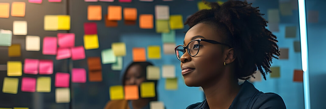 African woman leading team, utilizing sticky notes for business presentation and teamwork collaboration during brainstorming and strategy sessions.