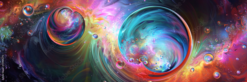 Wall mural abstract planetary collision. vibrant abstract depicting a collision of planetary spheres in space.