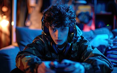A person is immersed in a video game, wearing headphones and focused on the screen while playing.