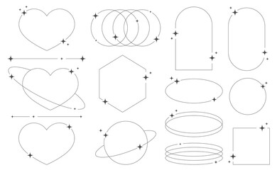 Fototapeta premium Set of geometric aesthetic abstract line frames and shapes with stars boho, brutalism, Y2K style. Geometric elements with sparkles for template design social media, poster, banner, logo, stickers