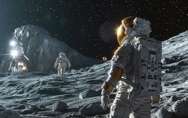 Astronauts Conducting a Nighttime Moonwalk on Lunar Surface - obrazy, fototapety, plakaty