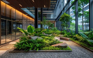 Green Oasis Office Plaza: An Office building interior completely covered in various plants,...