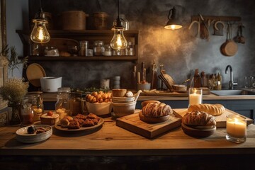 Fototapeta na wymiar Warm kitchen ambiance featuring a rustic scene with wholesome food and drinks. Generative AI