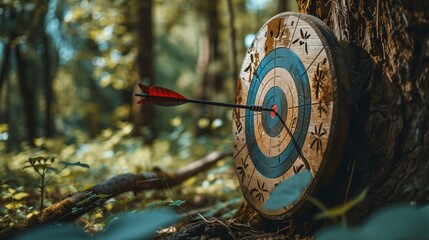 Striking Autumnal Scene of Red Arrow Embedded in Outdoor Archery Target