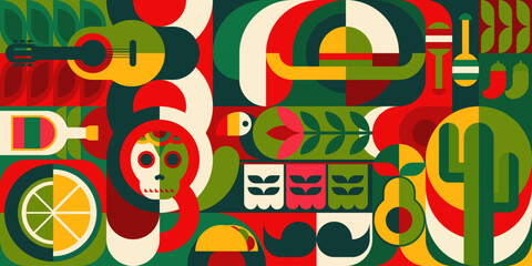 Materiał do szycia Geometric pattern with mexican motif. Vector background with simple geometric shapes, skull, cactus, tequila and sombrero. Jalapeno pepper, mustaches, tacos or guitar with maracas modern art ornament