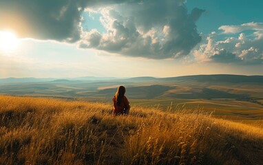 Hillside Solitude: A woman finding solace on a hillside, surrounded by open landscapes and basking in the sheer joy of being present in the untouched beauty of nature - obrazy, fototapety, plakaty