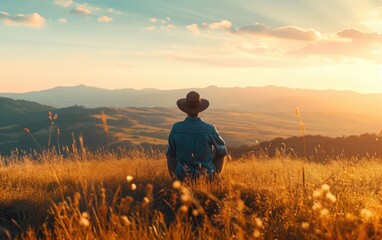 Fototapeta premium Hillside Solitude: A man finding solace on a hillside, surrounded by open landscapes and basking in the sheer joy of being present in the untouched beauty of nature