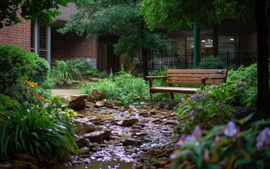 Hospital Healing Garden: A lush and serene garden within a hospital environment, showcasing the integration of nature to provide a healing and comforting atmosphere