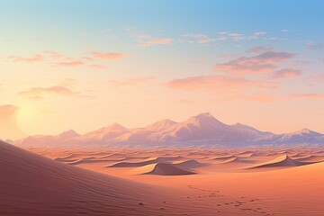 Fototapeta na wymiar Peaceful desert view with gentle sand hills and softly colored dawn sky. Generative AI