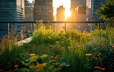 A green roof on a city building, promoting rewilding - obrazy, fototapety, plakaty