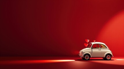 Profile side view photo of modern stylish toy beautiful white present gift car with little red heart standing in center of spotlight searchlight isolated on red background copy-space