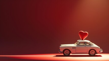 Profile side view photo of modern stylish toy beautiful white present gift car with little red heart standing in center of spotlight searchlight isolated on red background copy-space - obrazy, fototapety, plakaty