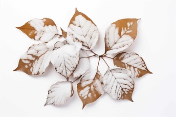 Leaves covered in snow isolated on white background