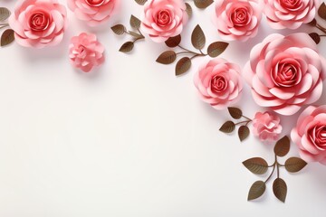 Pink paper Roses on white background. Flat lay, top view