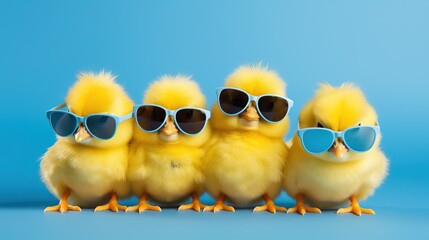 Animal bird chick sunglasses small background farming poultry young chicken little yellow - obrazy, fototapety, plakaty