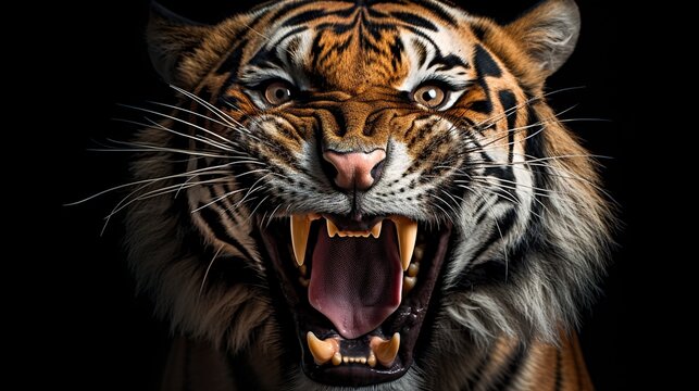 A tiger with the mouth open is shown in a dark room generative ai images