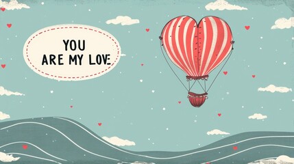 Fototapeta na wymiar Romantic print in retro style with heart shaped hot air balloon on wavy sky background. Perfect for cup, mug, postcard, sticker, banner. Vector illustration. with YOU ARE MY LOVE message 