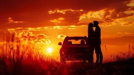 Silhouette kissing men and women at sunset next to the car. A couple in love travels by car at sunset. 