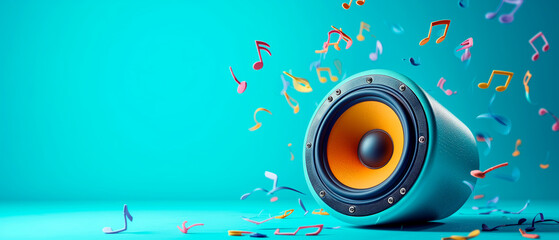 Speaker system for music in colorful background. Sound and audio equipment. - obrazy, fototapety, plakaty