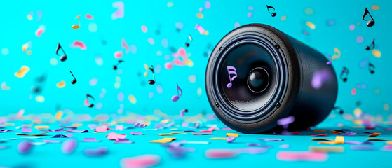 Speaker system for music in colorful background. Sound and audio equipment.