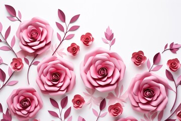 Purple pink paper flowers on soft pink background. Flat lay, top view