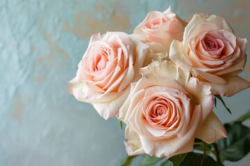 realistic bouquet, pink roses, neutral, pastel background, studio lighting