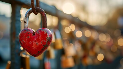 The red heart shape padlock hanging in the middle of many blurred padlocks that around and all are at the fence of the bridge in Paris, France. Concept Padlocks Love forever. Valentine. 