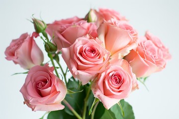 realistic bouquet, pink roses, neutral, pastel background, studio lighting