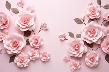 Pink Rose flowers made of paper on pink background, valentine concept