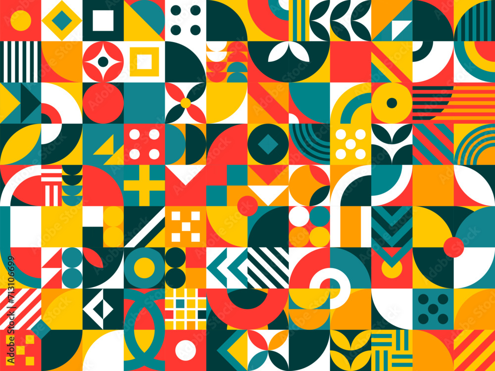 Aufkleber Geometric modern pattern grid, abstract mosaic vector background. Scandinavian or Swiss Geometric color art and shapes pattern with geometric square, circle and triangle mosaic background