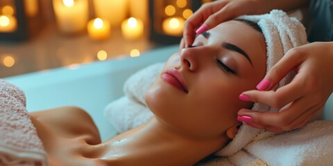 Woman enjoying a relaxing facial massage at a spa. Perfect for promoting self-care and wellness services