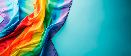 LGBT Pride rainbow flag over blue background with empty space for text. Diversity, love, freedom and LGBT concept. - obrazy, fototapety, plakaty