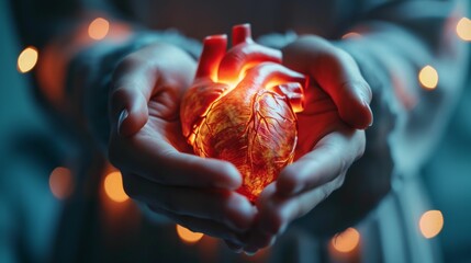 A pair of hands gently cradle a luminous human heart, embodying the essence of cardiac care, health, and the forefront of medical technology - obrazy, fototapety, plakaty