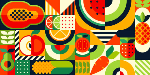 Fruits modern geometric pattern background, vector food tile in abstract geometry. Geometric swiss or Scandinavian pattern of geometric mosaic papaya, orange, apple or avocado and carrot - obrazy, fototapety, plakaty