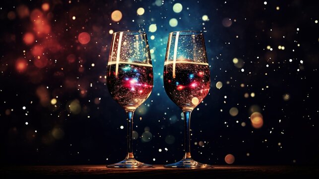 Two glasses of wine on a table with a bokeh background ai generative image