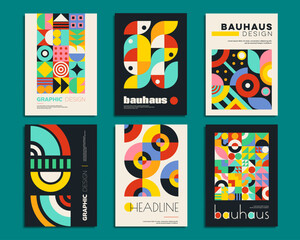 Fototapeta premium Geometric posters with abstract patterns, minimal modern covers, vector templates. Geometric posters or backgrounds with retro shapes and simple Swiss art or vintage geometric abstract pattern
