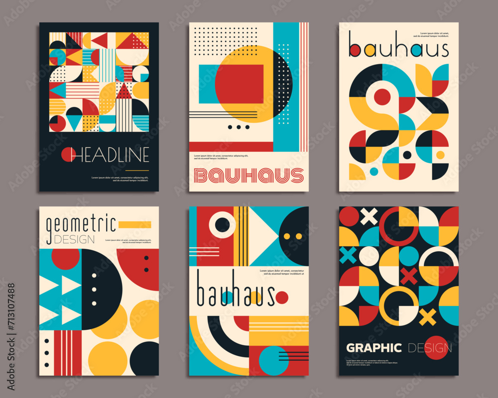 Aufkleber Geometric posters with abstract patterns. Simple geometry shapes vector backgrounds set with circles, triangles and squares, dots and crosses pattern. Modern minimal geometric art posters