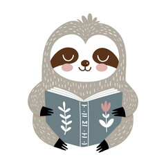 Cute sloth illustration for kids in Scandinavian or nordic style. Wild animals clipart