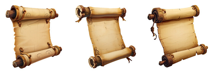 Set of pirate ancient paper scrolls on transparent background