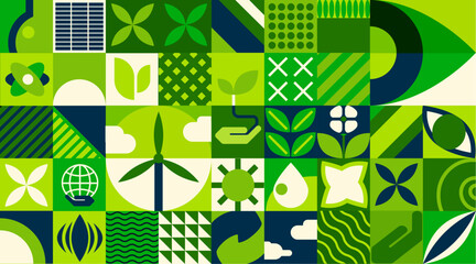 Green energy, environment abstract geometric pattern. Vector ecology, sustainable energy and eco friendly power background. Geometric pattern with recycle sign, green leaf, solar panel, turbine - obrazy, fototapety, plakaty
