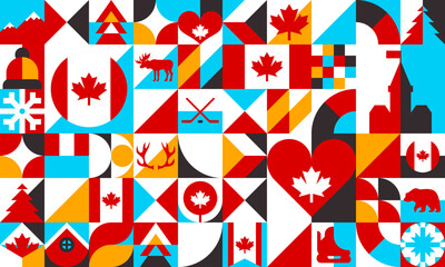 Cotton fabric Abstract geometric Canada shapes, pattern. Canadian travel vector background. Modern collage of squares, circles and triangles, maple leaf flag, Ottawa parliament, hockey, bear and moose