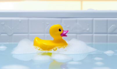 un canard en plastique jaune flotte dans une baignoire remplie de mousse - obrazy, fototapety, plakaty