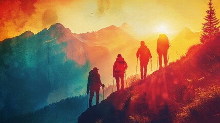 Create a vibrant poster showcasing a group of friends on a hiking adventure, with a picturesque mountain landscape in the background