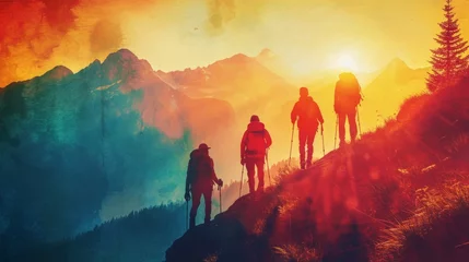 Papier Peint photo Vert bleu Create a vibrant poster showcasing a group of friends on a hiking adventure, with a picturesque mountain landscape in the background