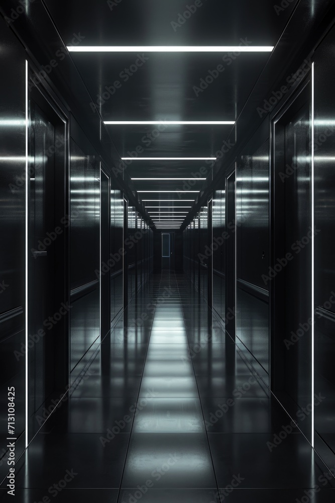 Poster a picture of a long hallway with black walls and white lights. this image can be used to depict a my